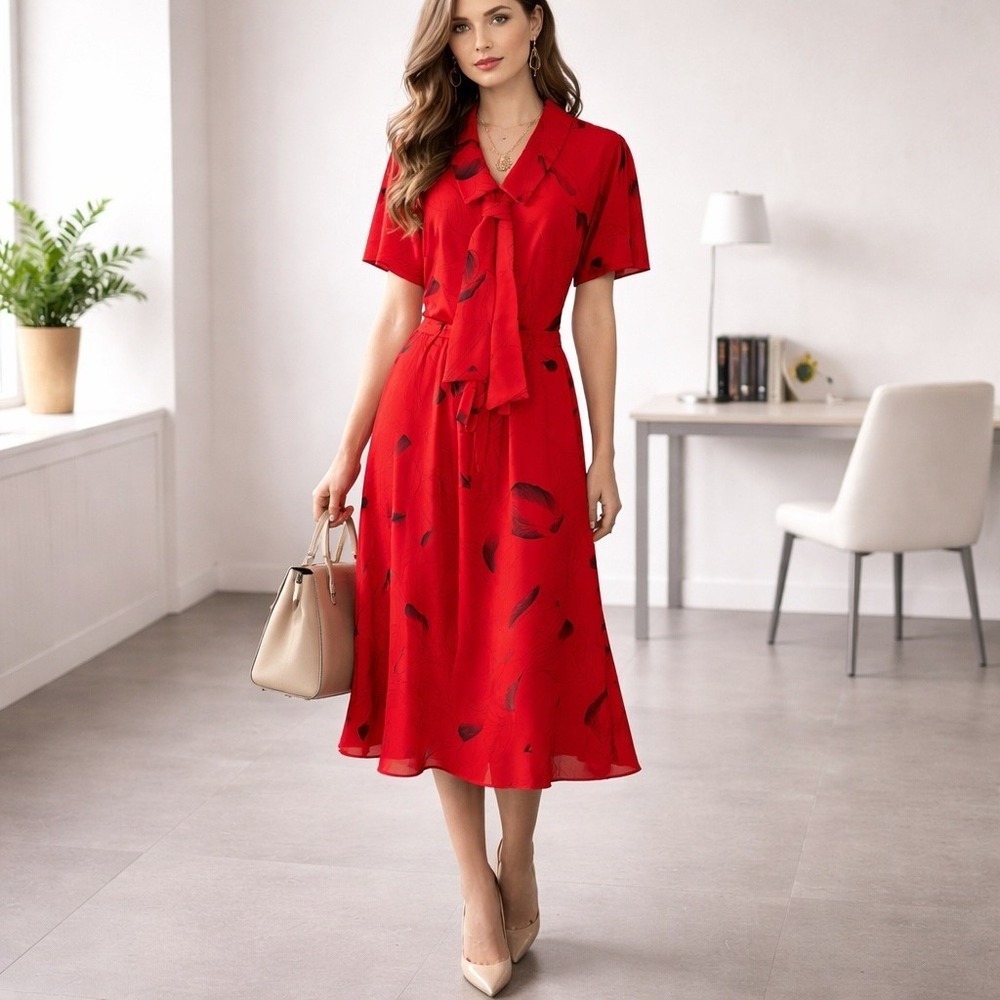 Womens Dress 8 Red Black Abstract Flowy Bow Statement Office Professional Chic